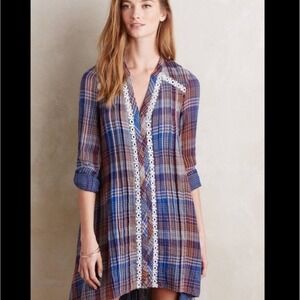 Holding Horses Anthropologie Plaid Lace Trim Tunic Dress Blue Orange XS